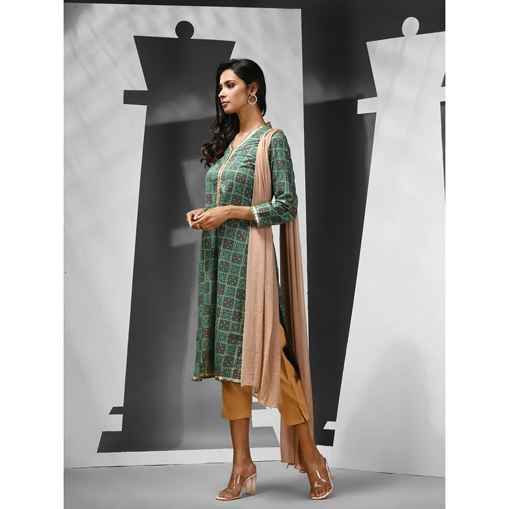 CHARUKRITI Green Cotton Blend Printed Sequins Kurta with Pant & Dupatta (Set of 3)