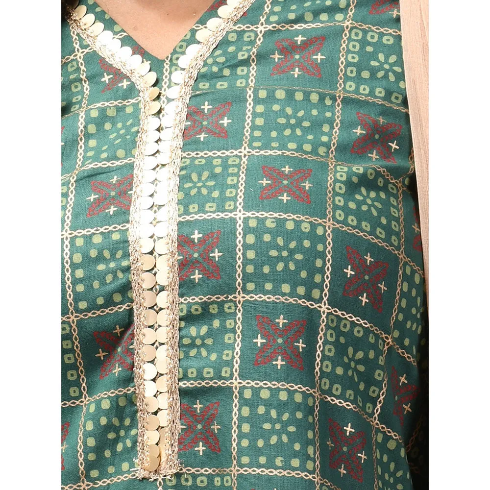 CHARUKRITI Green Cotton Blend Printed Sequins Kurta with Pant & Dupatta (Set of 3)