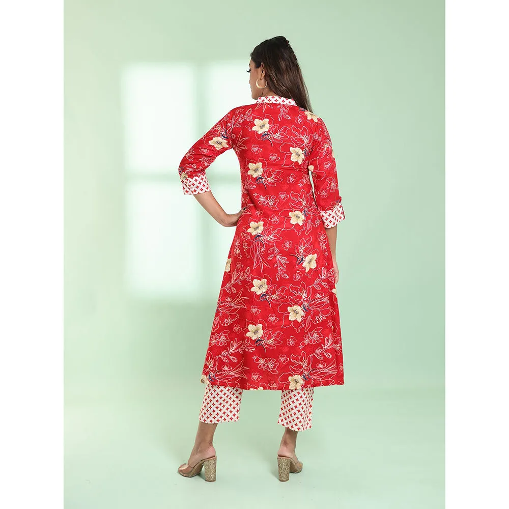 CHARUKRITI Red Rayon Floral Printed A-line Stitched Kurta with Pant (Set of 2)