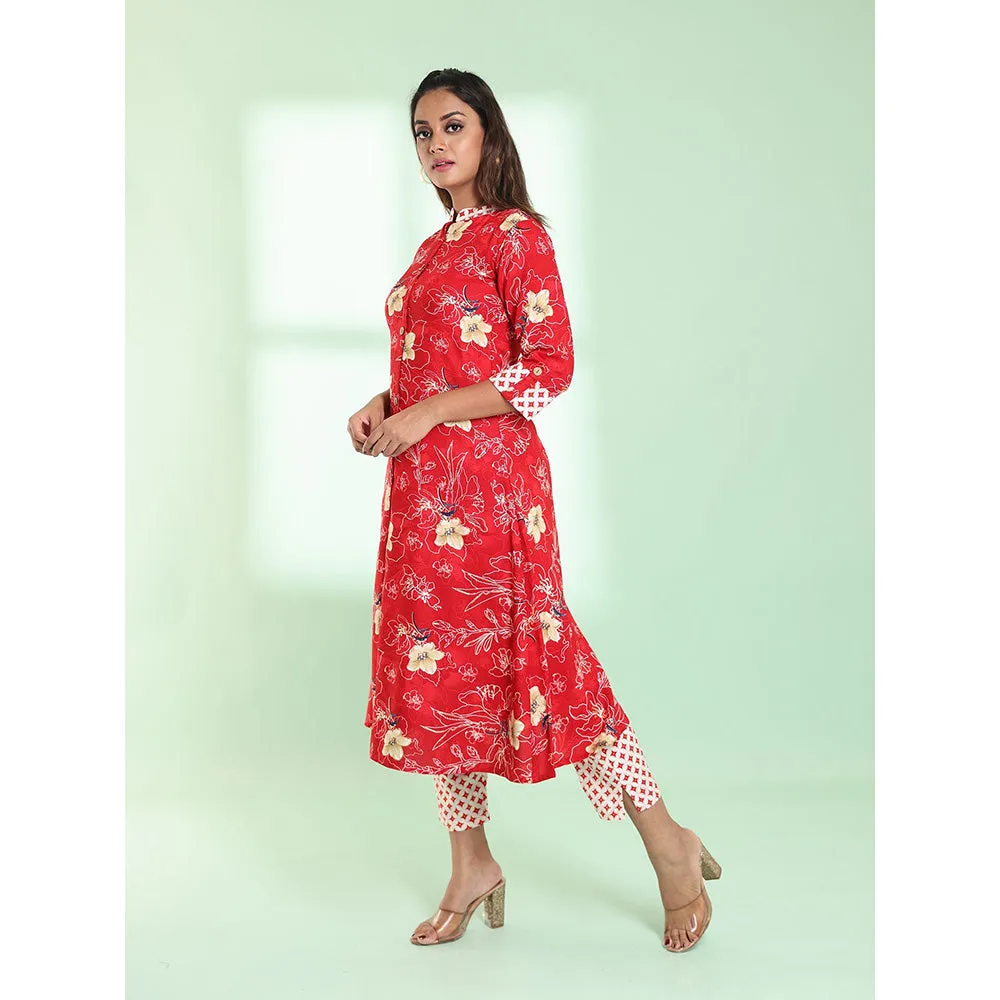 CHARUKRITI Red Rayon Floral Printed A-line Stitched Kurta with Pant (Set of 2)
