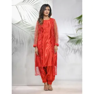 CHARUKRITI Red Satin Kurta with Net Jacket and Pant (Set of 3)