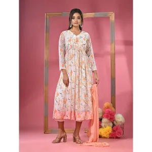 CHARUKRITI White Georgette Floral Printed & Gathered Suit with Dupatta (Set of 3)