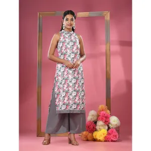 CHARUKRITI White Georgette Floral Printed Kurta & Palazzo (Set of 2)