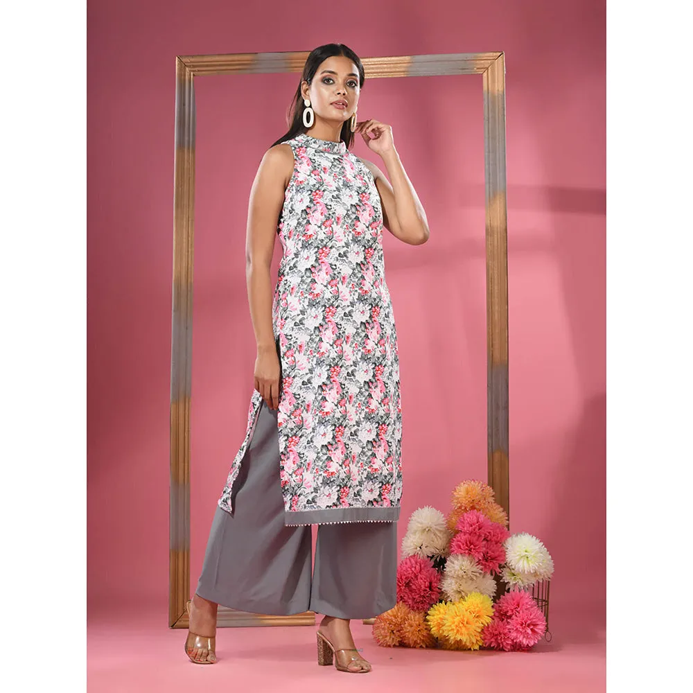 CHARUKRITI White Georgette Floral Printed Kurta & Palazzo (Set of 2)