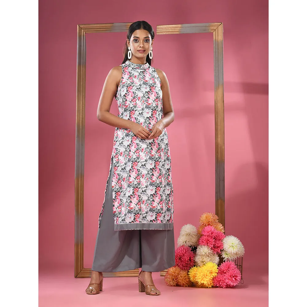 CHARUKRITI White Georgette Floral Printed Kurta & Palazzo (Set of 2)
