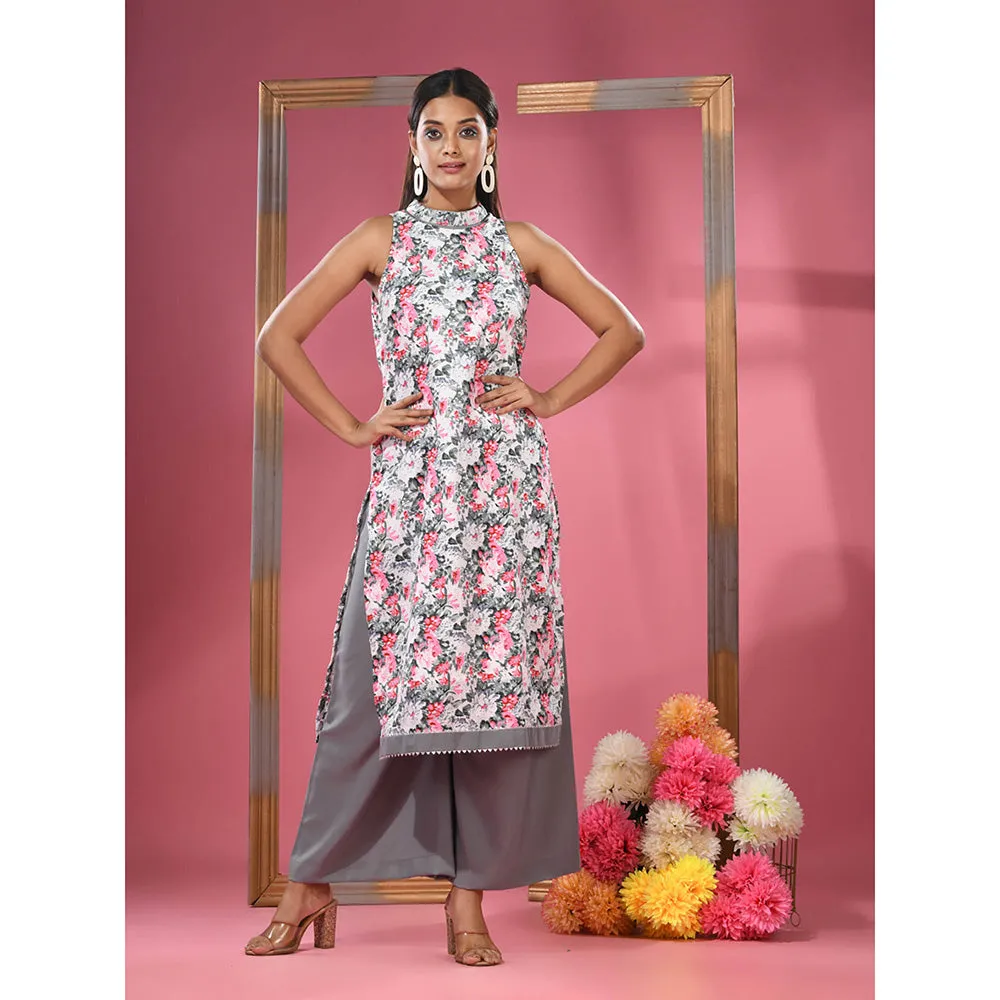 CHARUKRITI White Georgette Floral Printed Kurta & Palazzo (Set of 2)