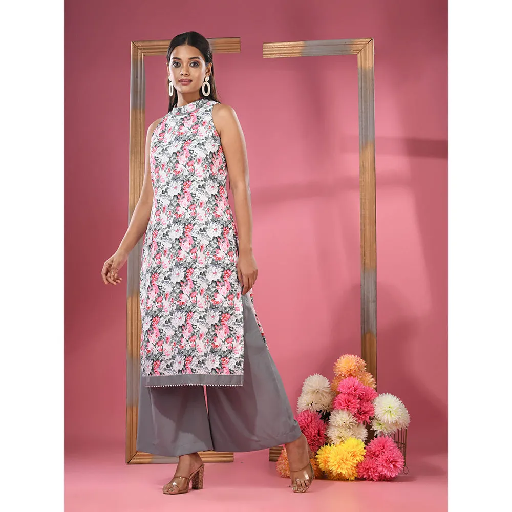 CHARUKRITI White Georgette Floral Printed Kurta & Palazzo (Set of 2)
