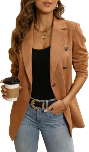 chouyatou Women Faux Suede Leather Jacket Suit Business Casual Dress Button Down Notch Collar Blazer Coat