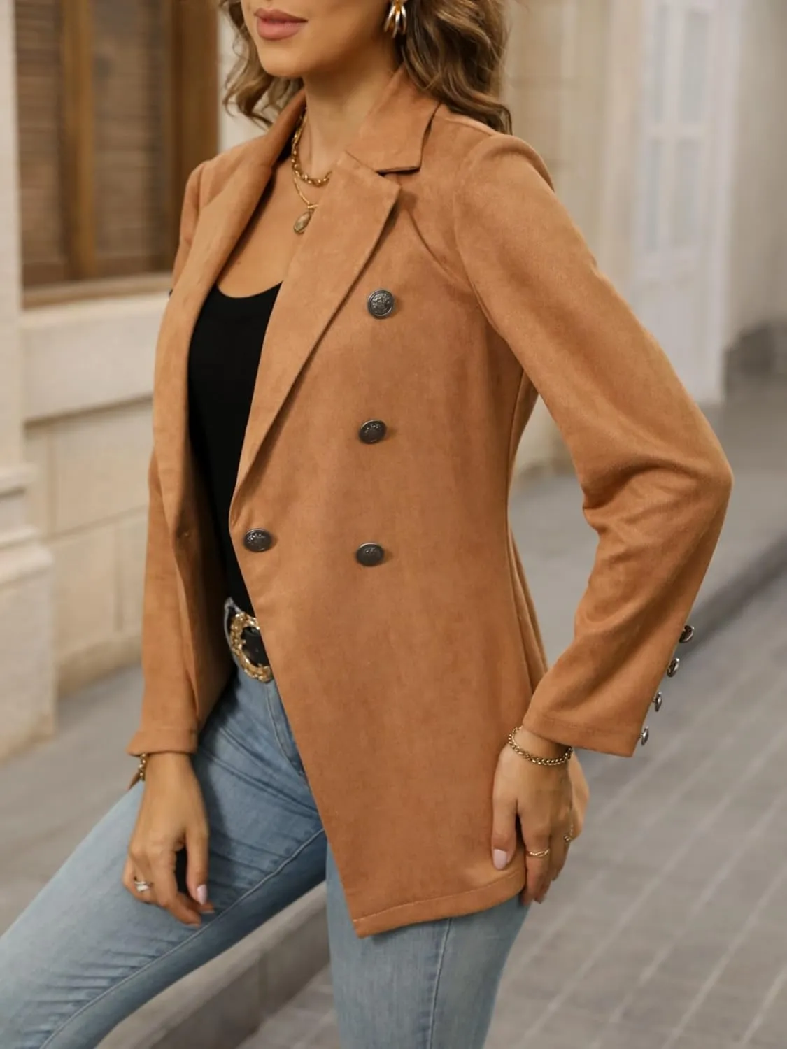 chouyatou Women Faux Suede Leather Jacket Suit Business Casual Dress Button Down Notch Collar Blazer Coat