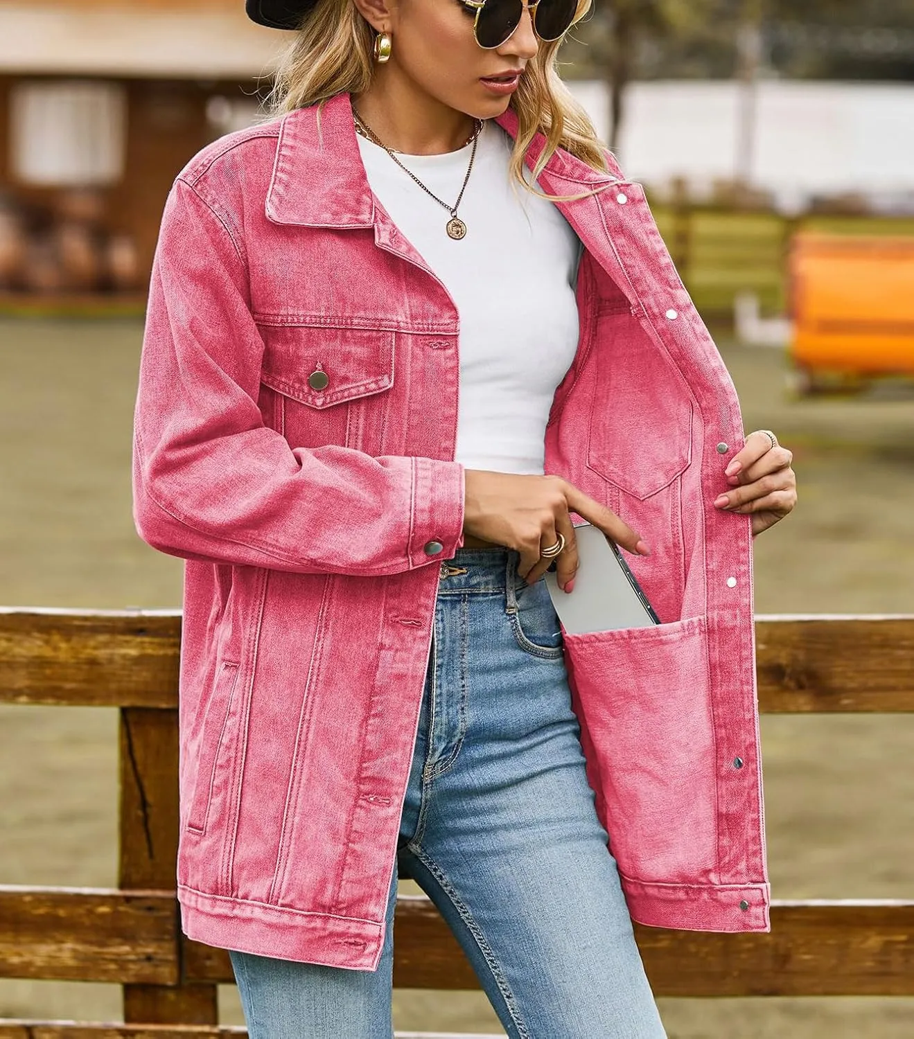 chouyatou Women's Fall Oversized Denim Jacket Button Down Boyfriend Mid Long Jean Jacket Shacket