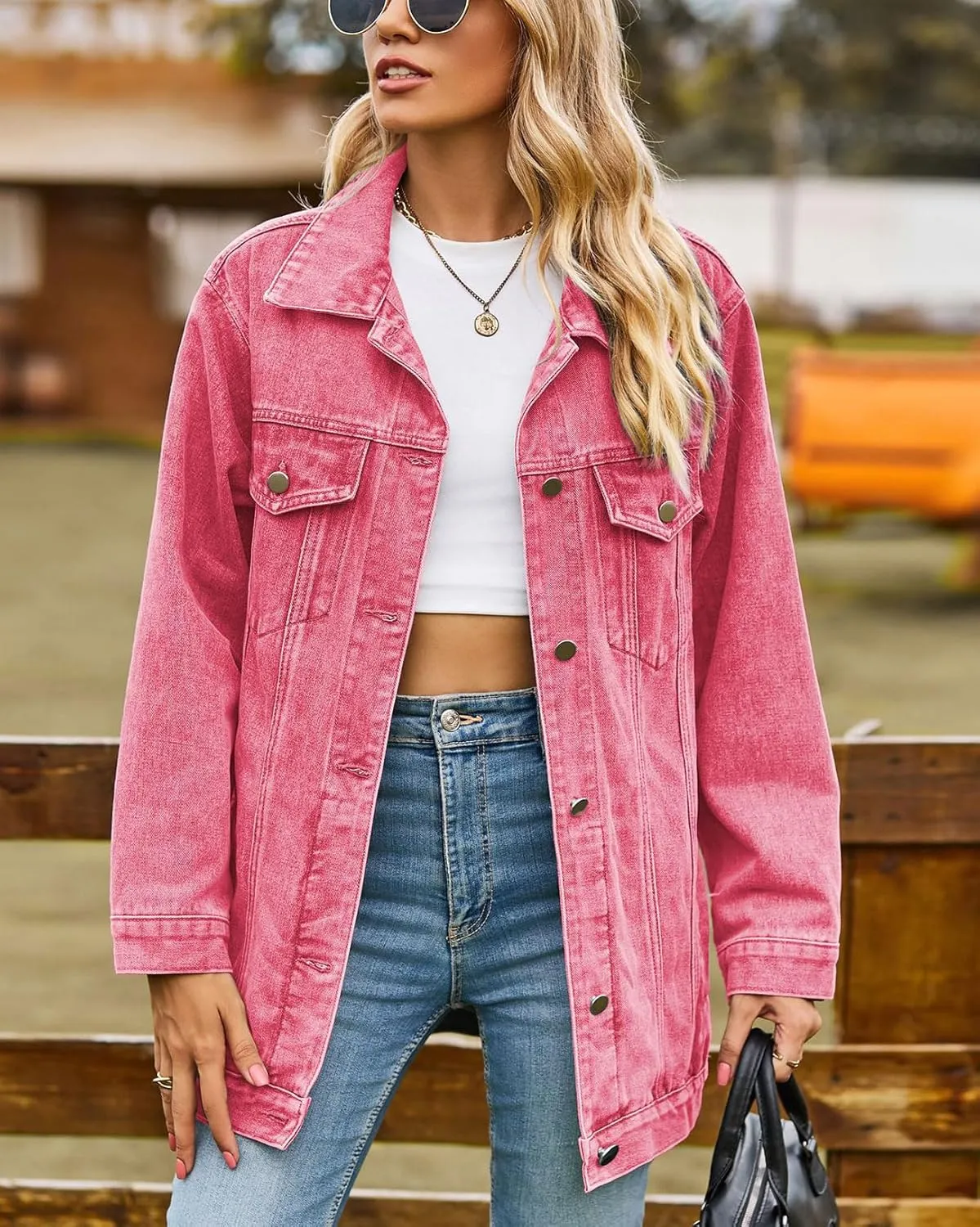 chouyatou Women's Fall Oversized Denim Jacket Button Down Boyfriend Mid Long Jean Jacket Shacket