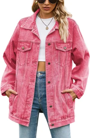 chouyatou Women's Fall Oversized Denim Jacket Button Down Boyfriend Mid Long Jean Jacket Shacket