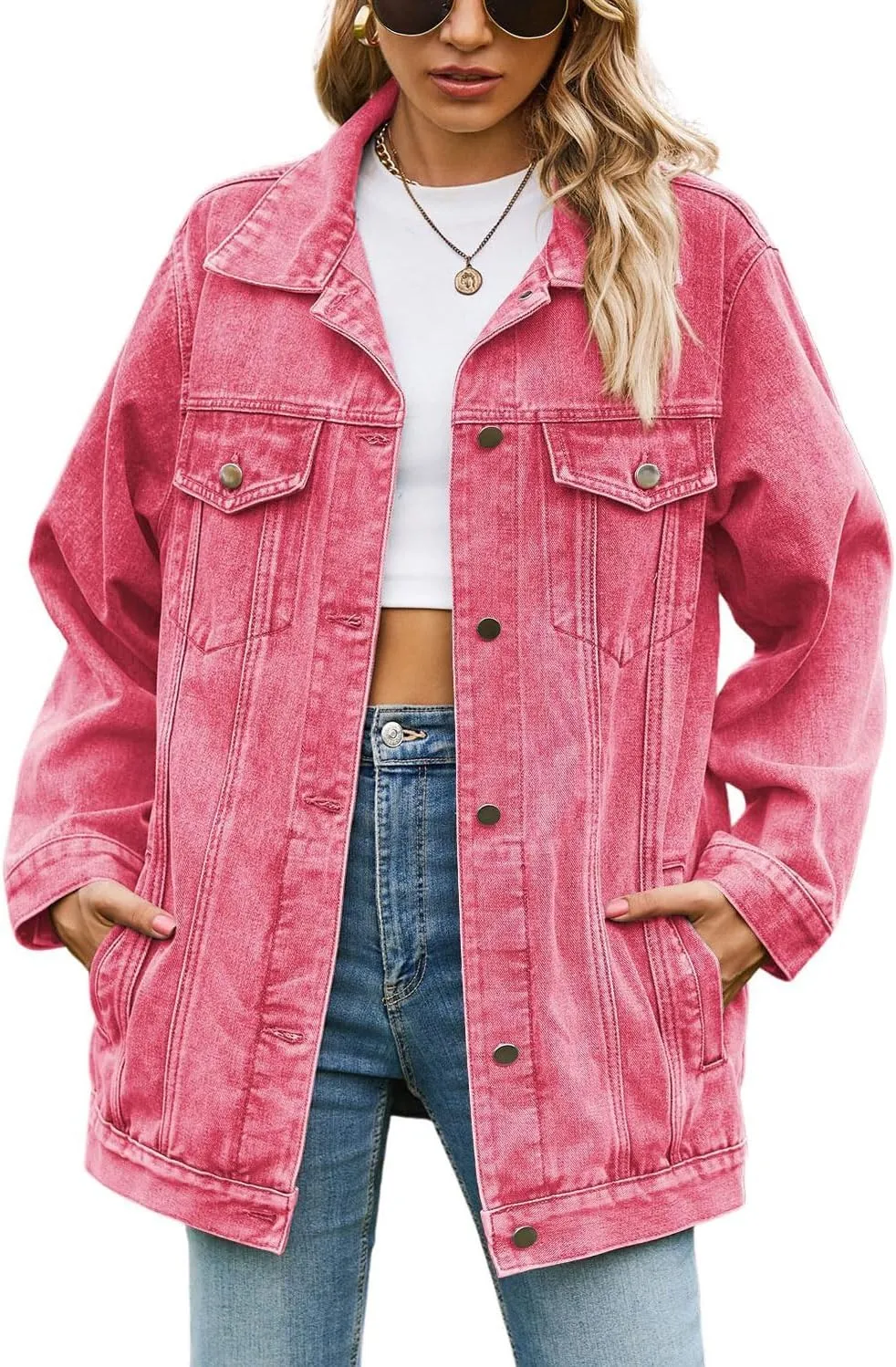 chouyatou Women's Fall Oversized Denim Jacket Button Down Boyfriend Mid Long Jean Jacket Shacket