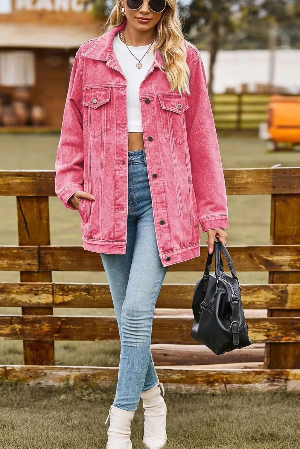 chouyatou Women's Fall Oversized Denim Jacket Button Down Boyfriend Mid Long Jean Jacket Shacket