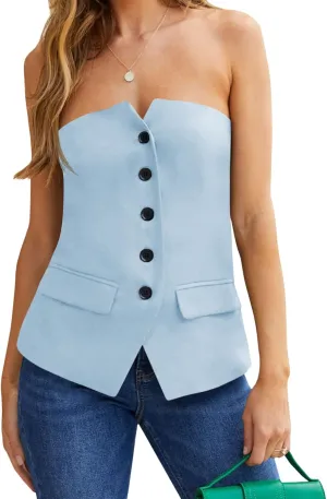 Cicy Bell Womens Notched Neck Tube Tops Blazer Sleeveless Button Fitted Strapless Work Blazer Vest Sky Blue, X-Small
