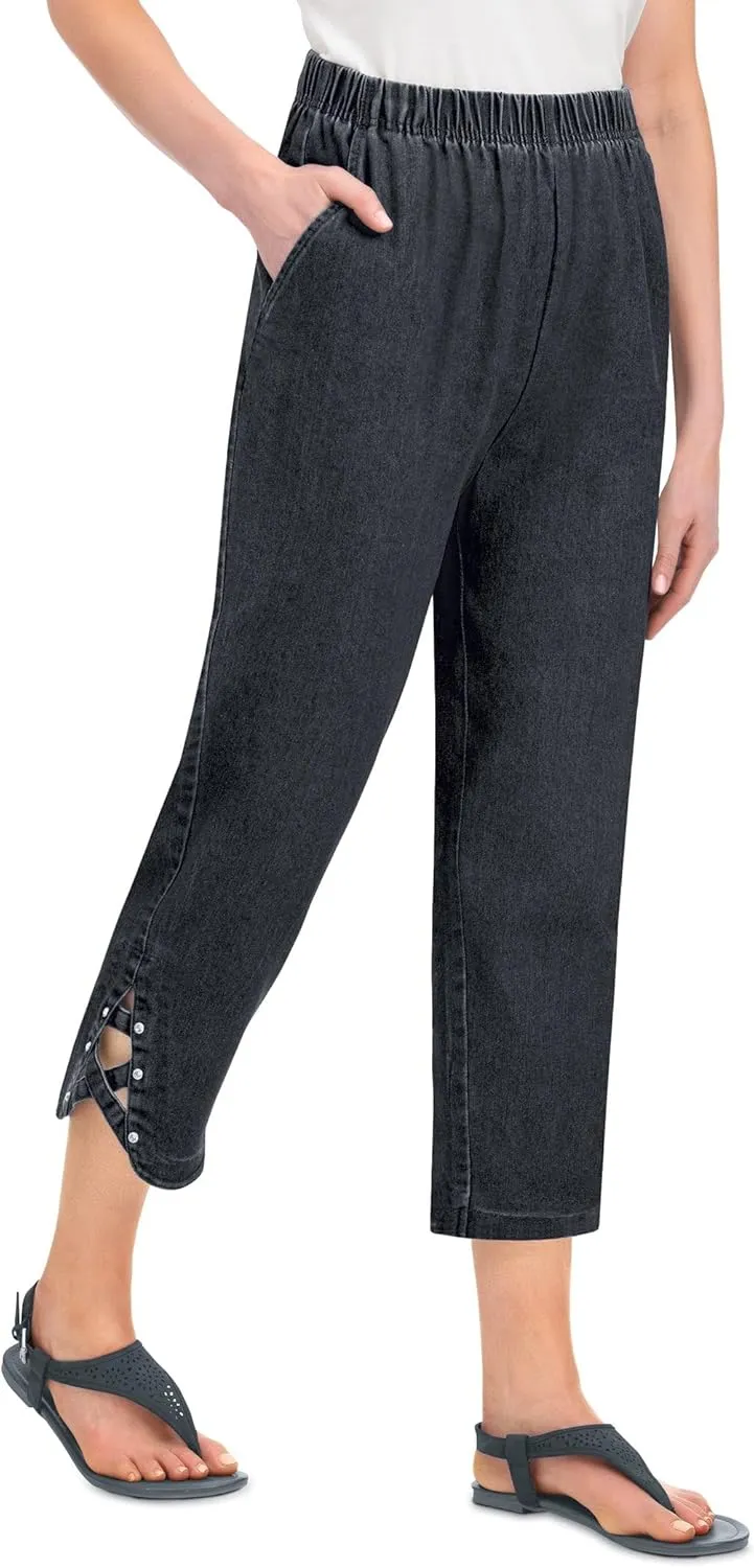 Collections Etc Women's Criss-Cross Sparkling Buttons Decorated Denim Capri Pants Black Denim Large