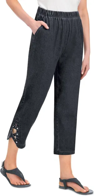 Collections Etc Women's Criss-Cross Sparkling Buttons Decorated Denim Capri Pants Black Denim Large
