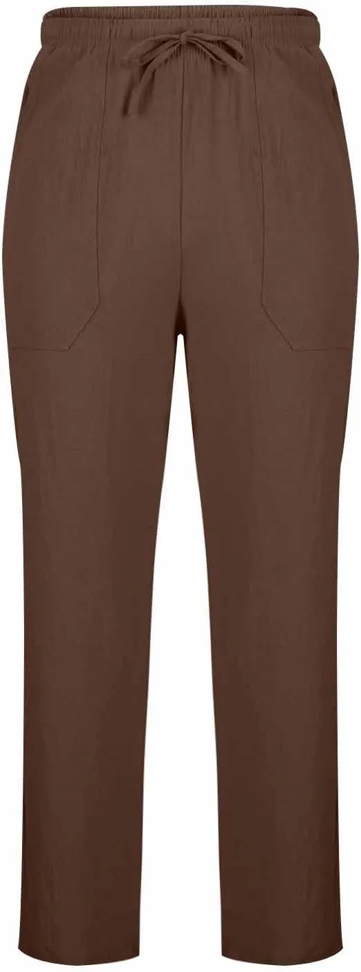 Cotton Linen Pants Men Casual Loose Fit Elastic Drawstring Waist Wide Leg Pant Lightweight Summer Beach Pants Pockets