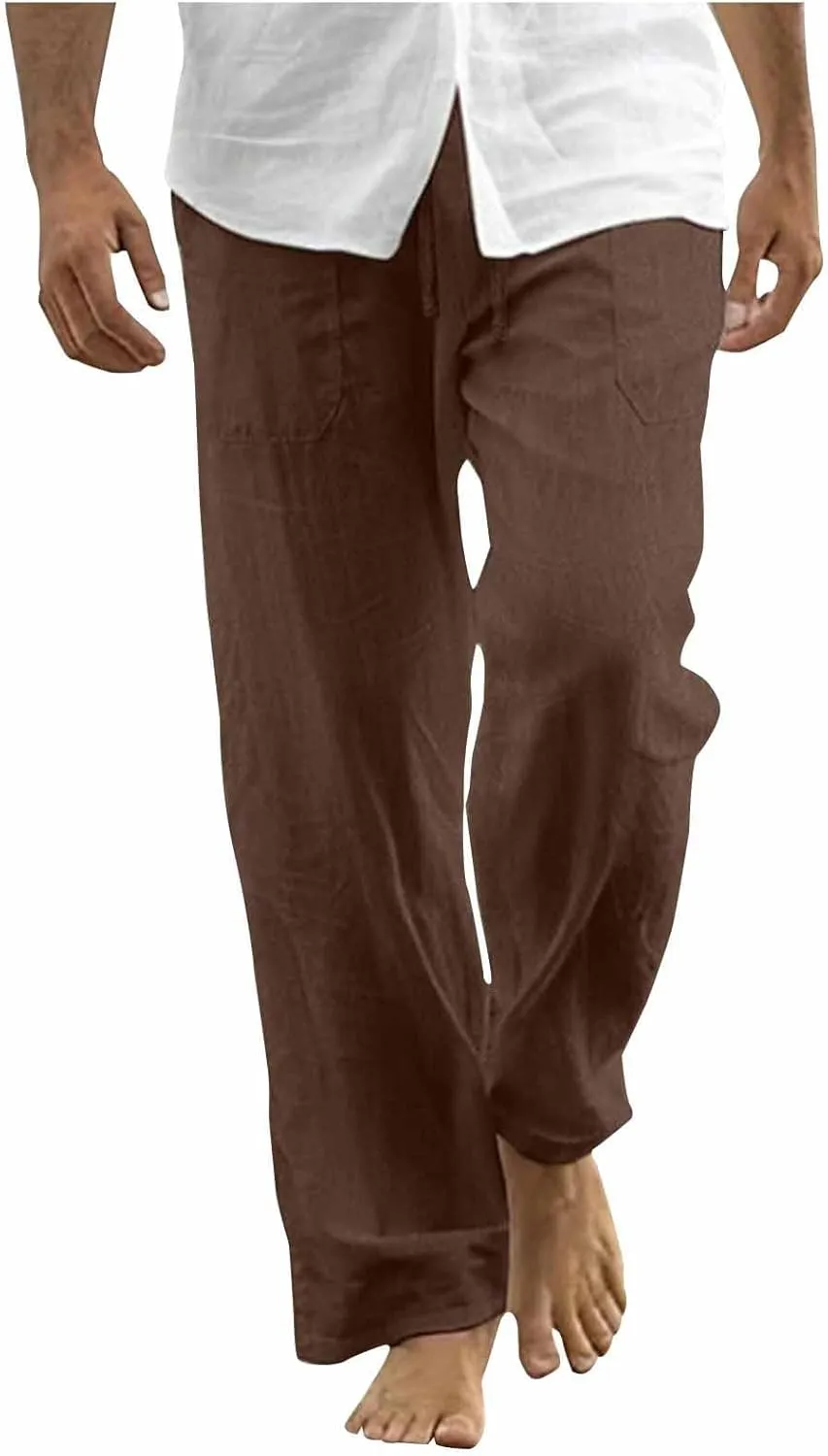 Cotton Linen Pants Men Casual Loose Fit Elastic Drawstring Waist Wide Leg Pant Lightweight Summer Beach Pants Pockets