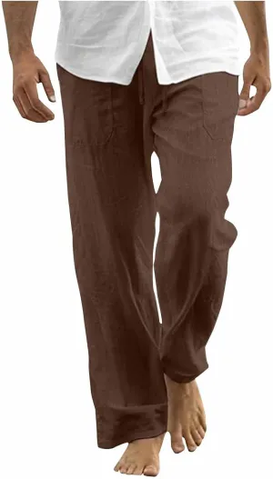 Cotton Linen Pants Men Casual Loose Fit Elastic Drawstring Waist Wide Leg Pant Lightweight Summer Beach Pants Pockets