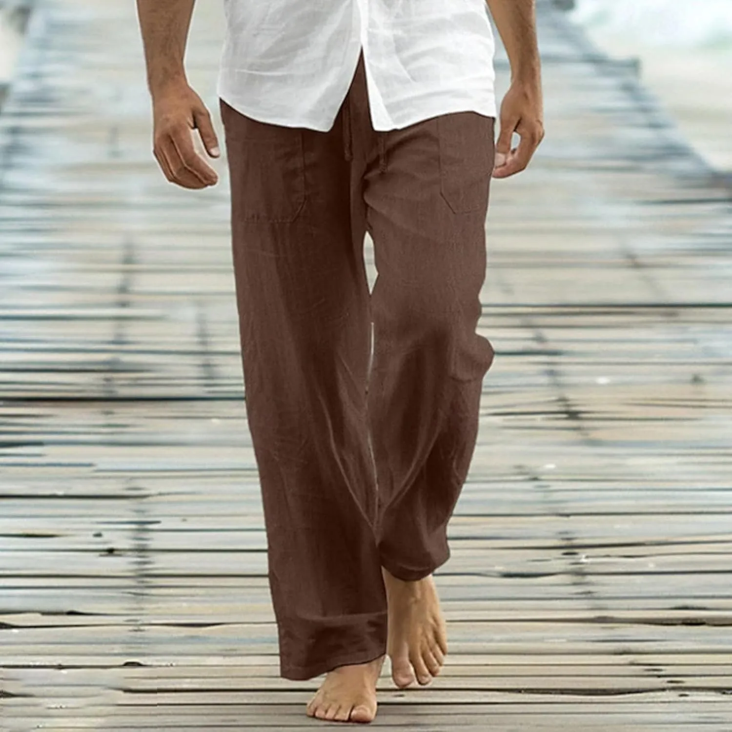 Cotton Linen Pants Men Casual Loose Fit Elastic Drawstring Waist Wide Leg Pant Lightweight Summer Beach Pants Pockets