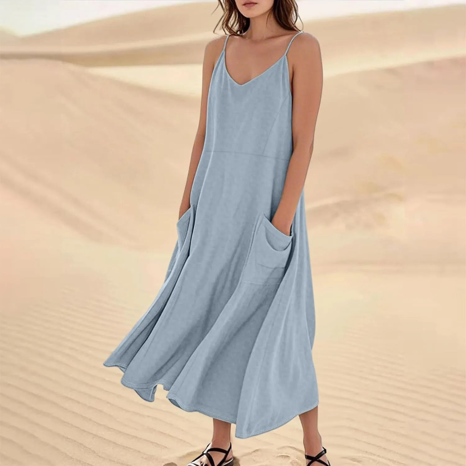 Cotton Linen Sundress for Women Plus Size Sleeveless Spaghetti Strap Midi Dress Loose Beach Vacation with Pockets
