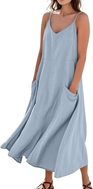 Cotton Linen Sundress for Women Plus Size Sleeveless Spaghetti Strap Midi Dress Loose Beach Vacation with Pockets