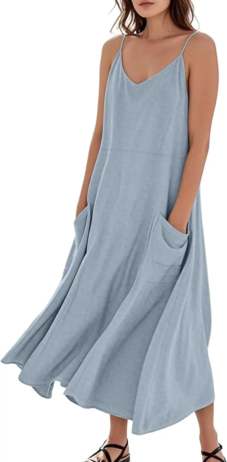 Cotton Linen Sundress for Women Plus Size Sleeveless Spaghetti Strap Midi Dress Loose Beach Vacation with Pockets