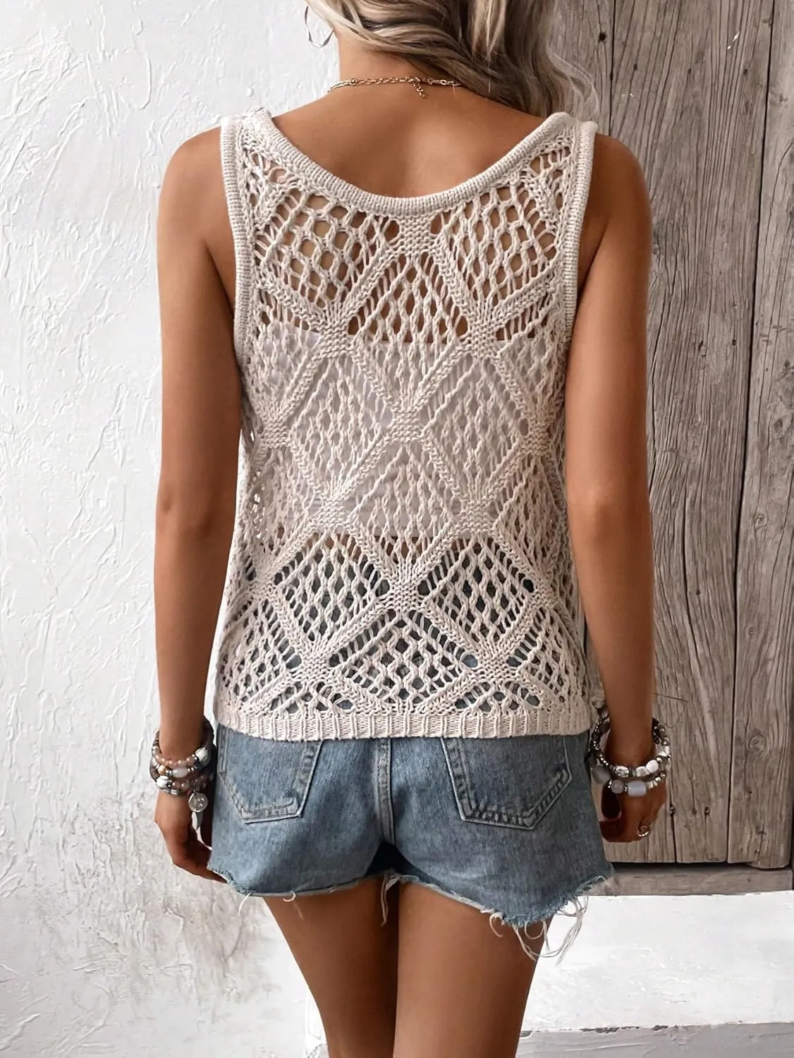 COZYEASE Women's Crochet Tank Tops Knit Sweater Vest Hollow Out Sleeveless Cover Up Summer Boho Top Scoop Neck Pullover