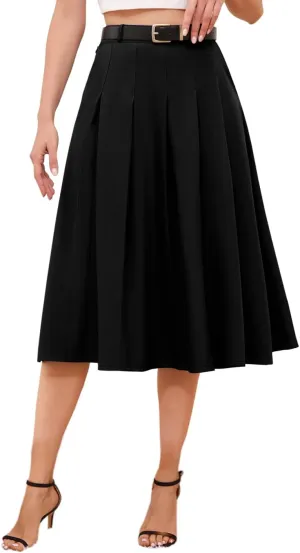 Cromoncent Women's Long Pleated Skirt with Pockets, High Waisted School Uniform A-line Skirts Long # Black Pocket, US 2XL