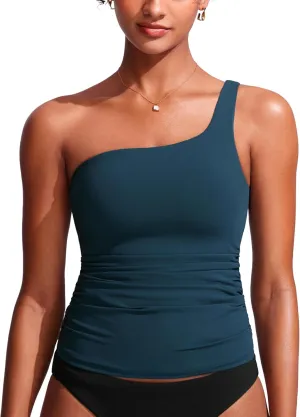 CRZ YOGA One Shoulder Tankini Tops for Women Ruched Bathing Suits Tummy Control Adjustable Swimsuit Only No Bottom Padded