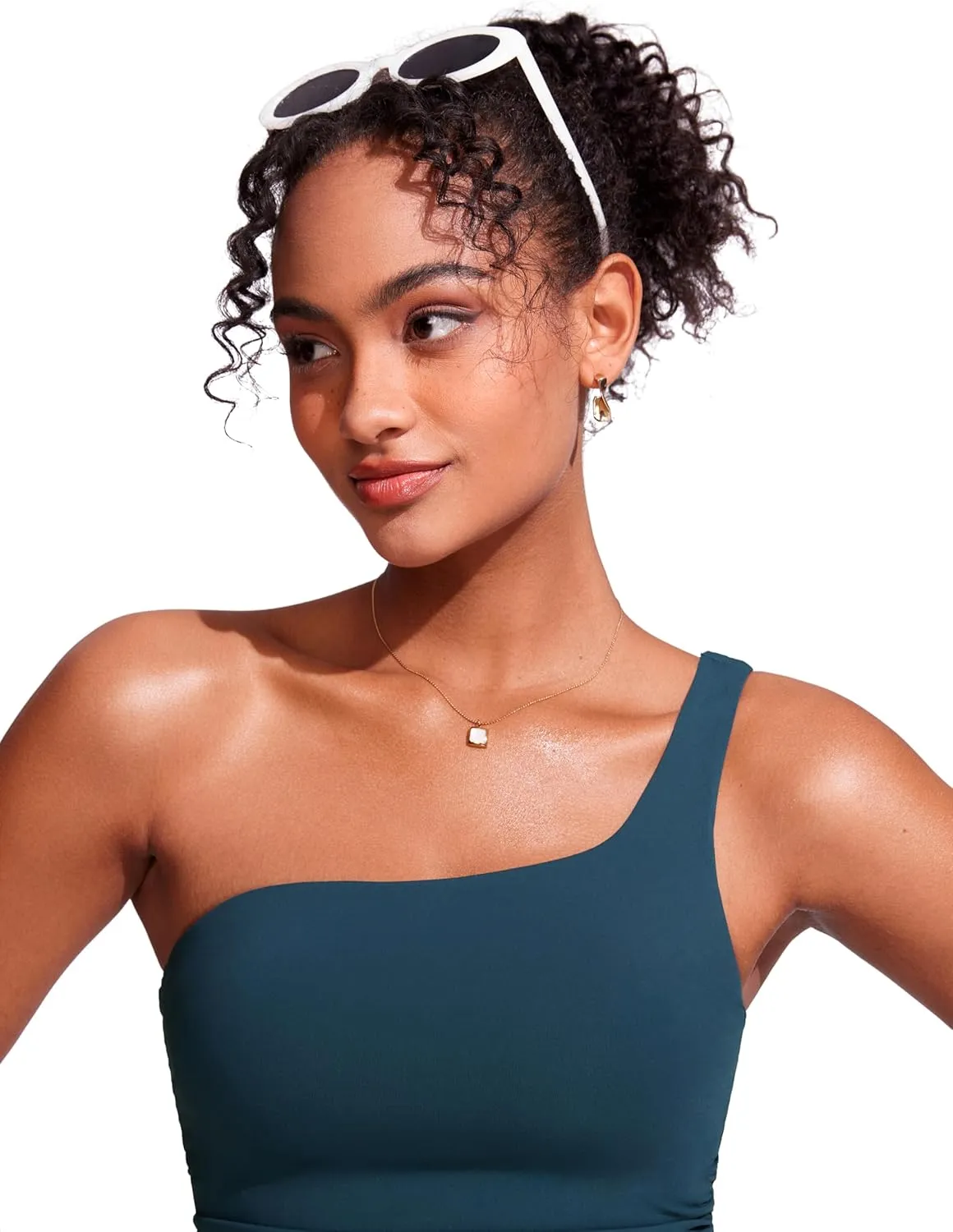 CRZ YOGA One Shoulder Tankini Tops for Women Ruched Bathing Suits Tummy Control Adjustable Swimsuit Only No Bottom Padded