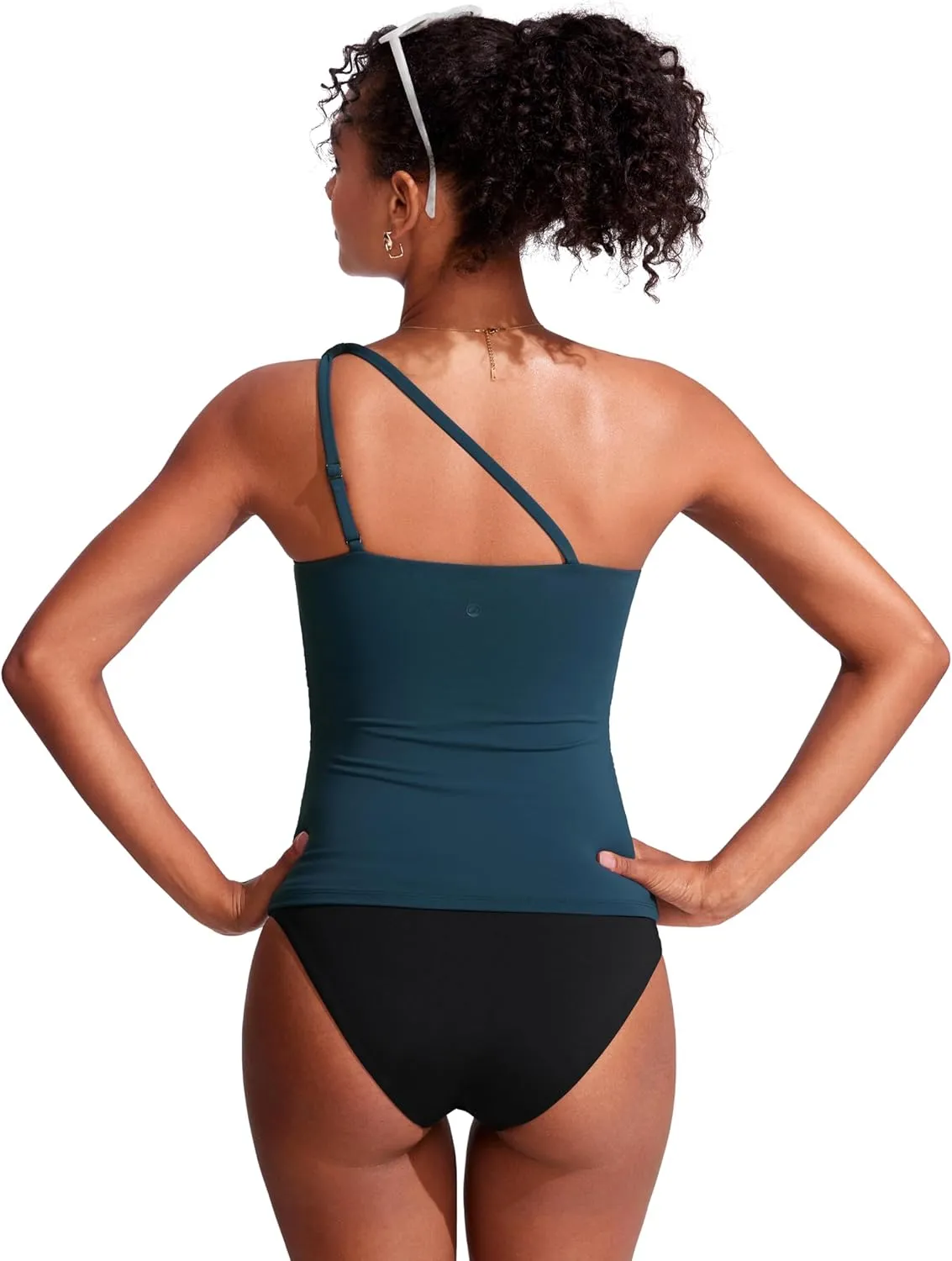 CRZ YOGA One Shoulder Tankini Tops for Women Ruched Bathing Suits Tummy Control Adjustable Swimsuit Only No Bottom Padded