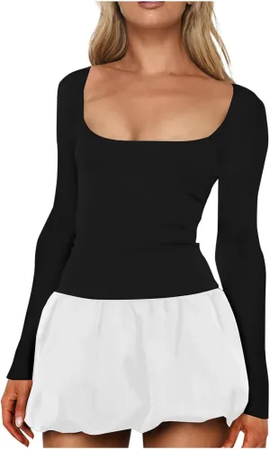 Cute Bubble Mini Dress for Women Slim Fit Scoop Neck Tops Patchwork Dresses Long Sleeve Y2K Color Block Short Dress