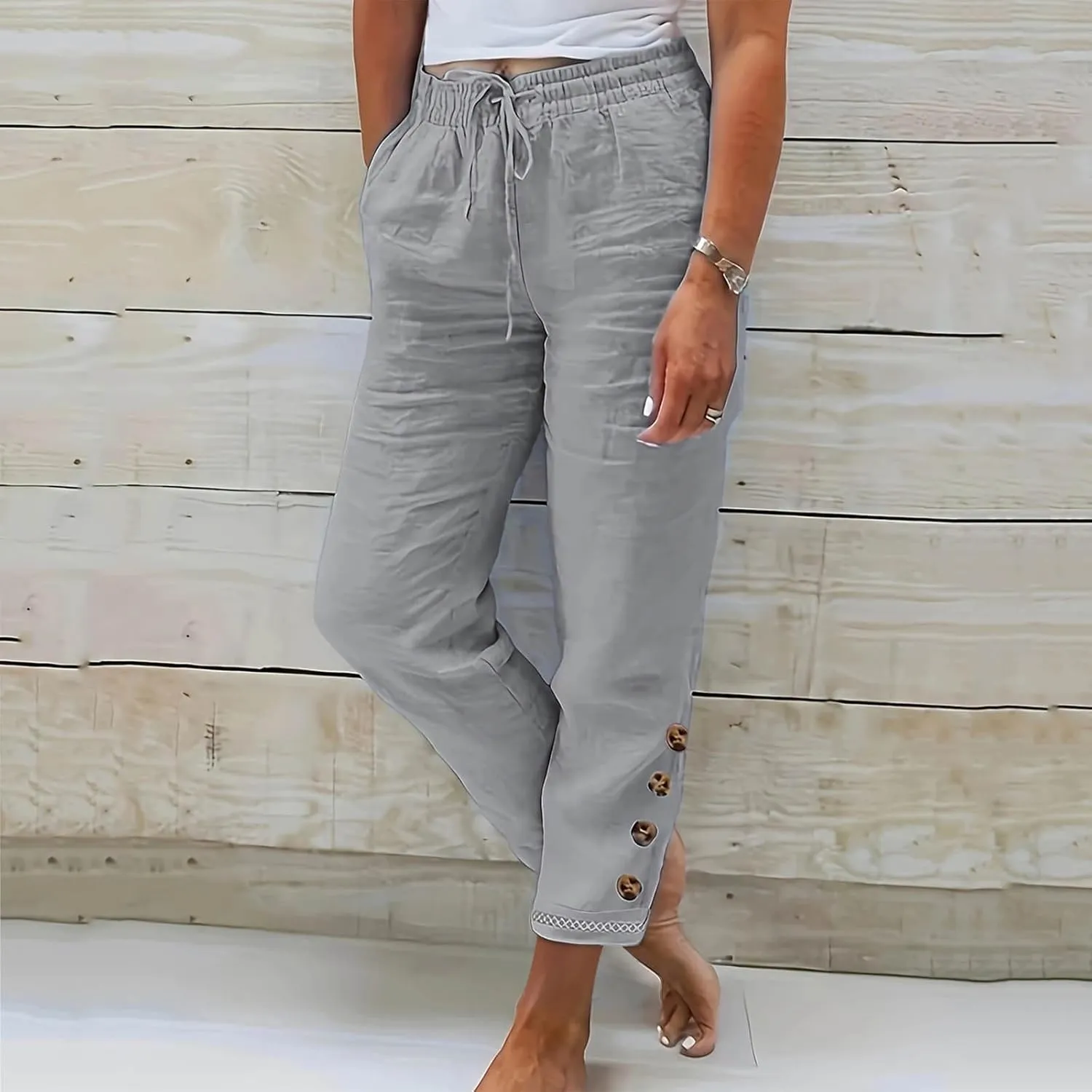 DASAYO Womens Linen Pants Drawstringgg Elastic Waist Straight Legg Trousers Summer Lightweigght Casual Pants with Pockets