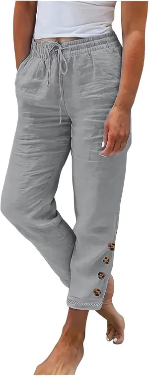 DASAYO Womens Linen Pants Drawstringgg Elastic Waist Straight Legg Trousers Summer Lightweigght Casual Pants with Pockets