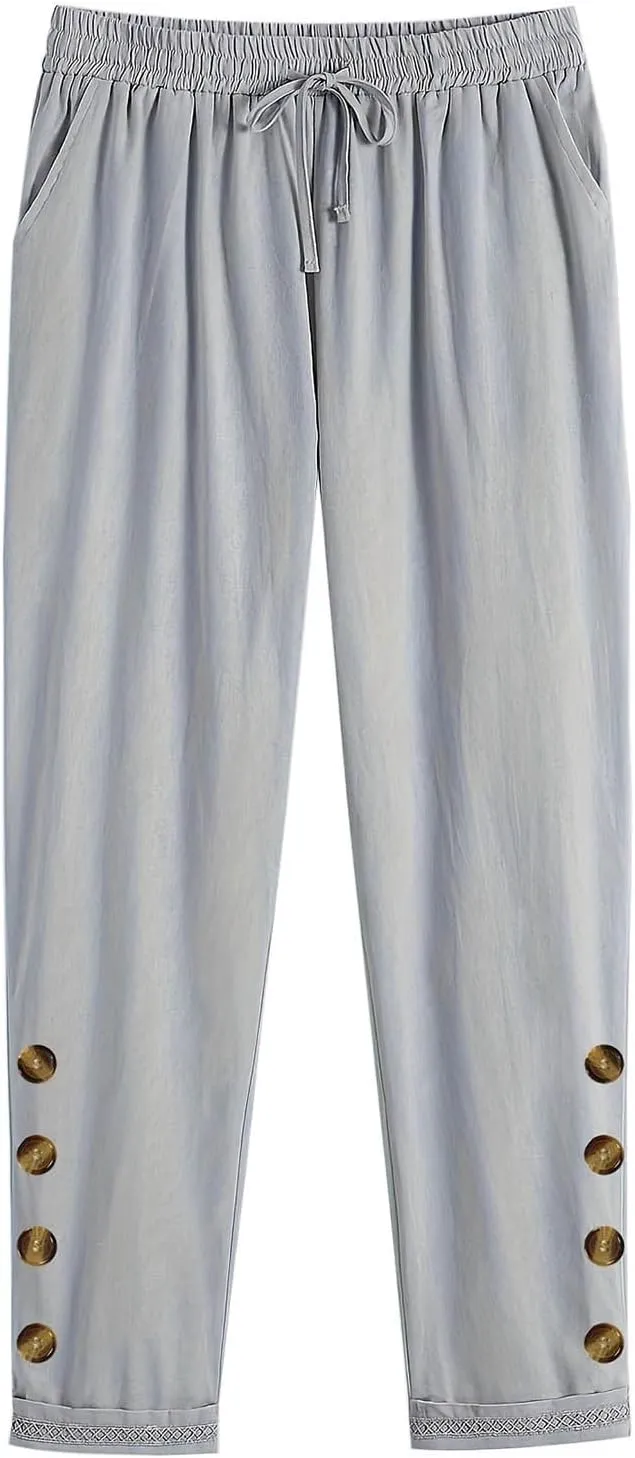 DASAYO Womens Linen Pants Drawstringgg Elastic Waist Straight Legg Trousers Summer Lightweigght Casual Pants with Pockets