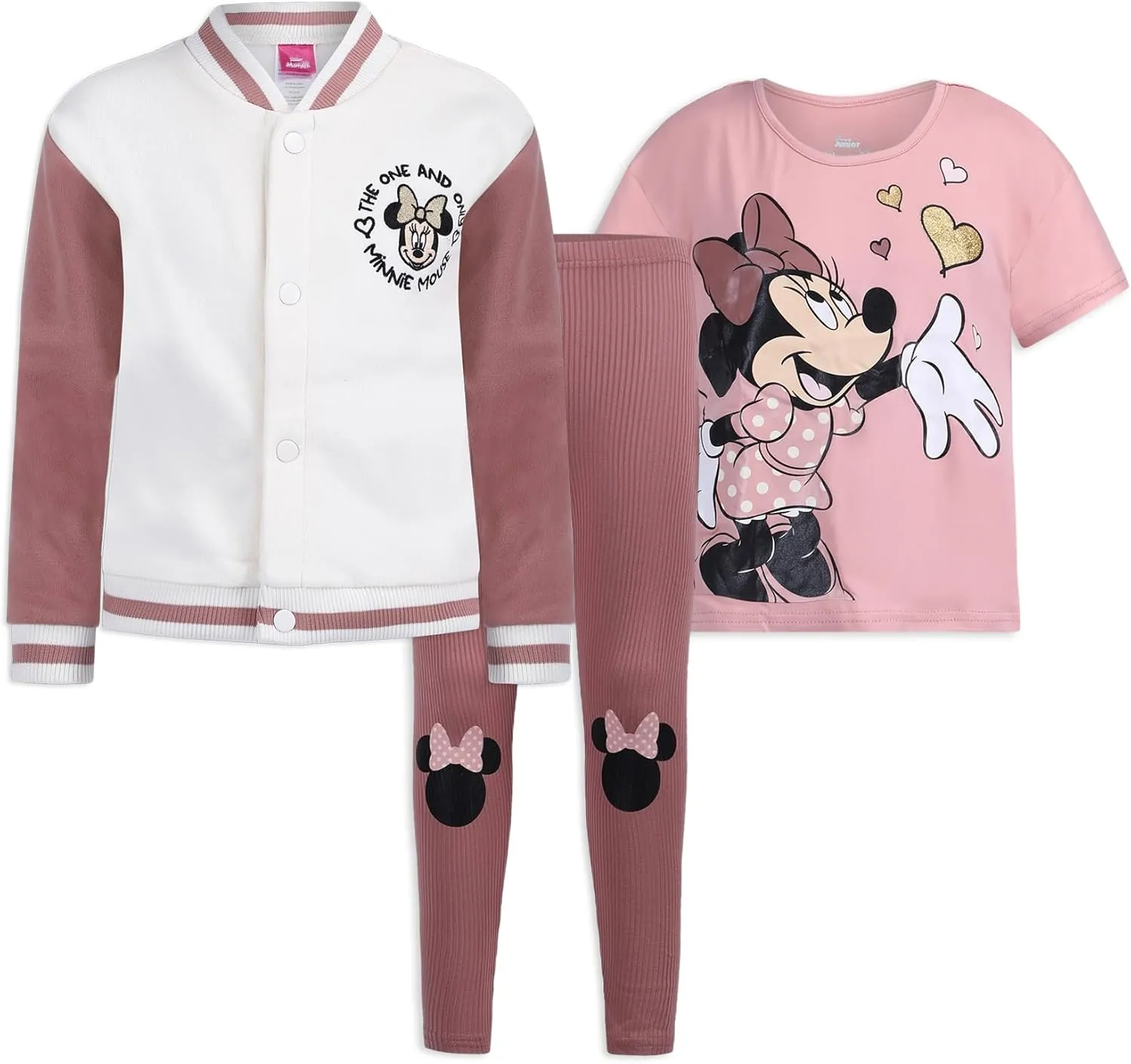 Disney Minnie Mouse Girls Bomber Jacket, T-Shirt, and Legging Pants Set for Toddler and Big Kids