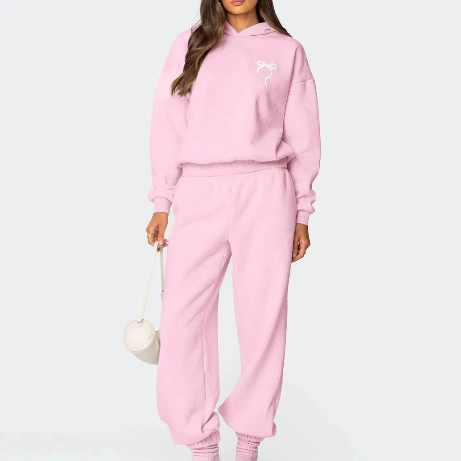 DSORVICD Women 2 Piece Outfits Y2k Bow Embroidery Long Sleeve Oversized Hoodie Baggy Sweatpants Bow Tie Sweatsuit Streetwear