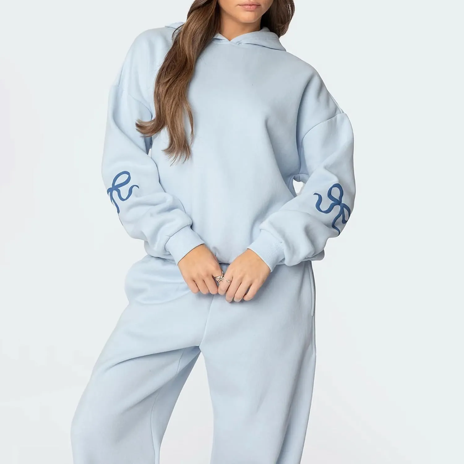 DSORVICD Women 2 Piece Outfits Y2k Bow Embroidery Long Sleeve Oversized Hoodie Baggy Sweatpants Bow Tie Sweatsuit Streetwear