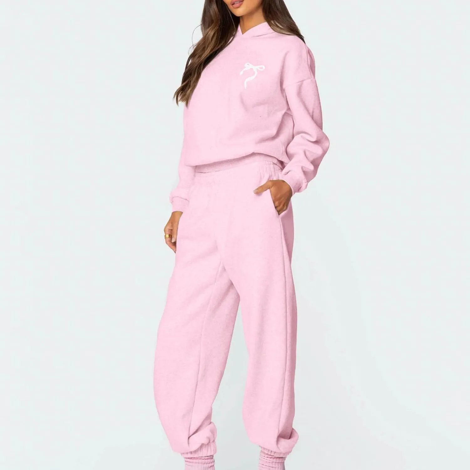 DSORVICD Women 2 Piece Outfits Y2k Bow Embroidery Long Sleeve Oversized Hoodie Baggy Sweatpants Bow Tie Sweatsuit Streetwear