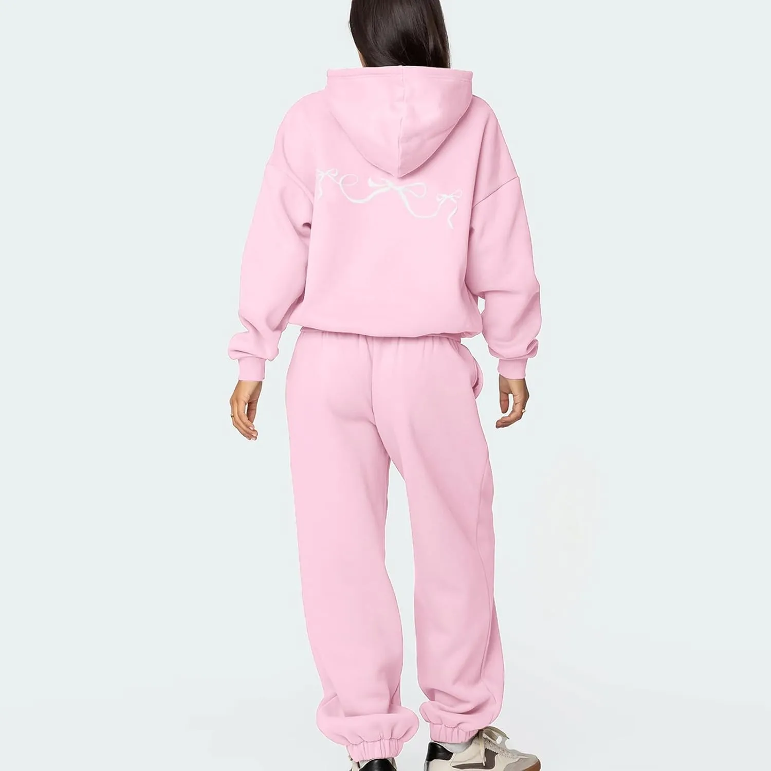 DSORVICD Women 2 Piece Outfits Y2k Bow Embroidery Long Sleeve Oversized Hoodie Baggy Sweatpants Bow Tie Sweatsuit Streetwear