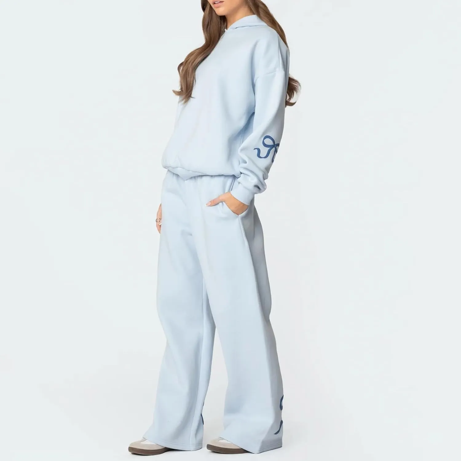 DSORVICD Women 2 Piece Outfits Y2k Bow Embroidery Long Sleeve Oversized Hoodie Baggy Sweatpants Bow Tie Sweatsuit Streetwear