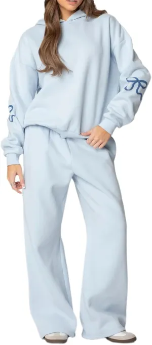 DSORVICD Women 2 Piece Outfits Y2k Bow Embroidery Long Sleeve Oversized Hoodie Baggy Sweatpants Bow Tie Sweatsuit Streetwear