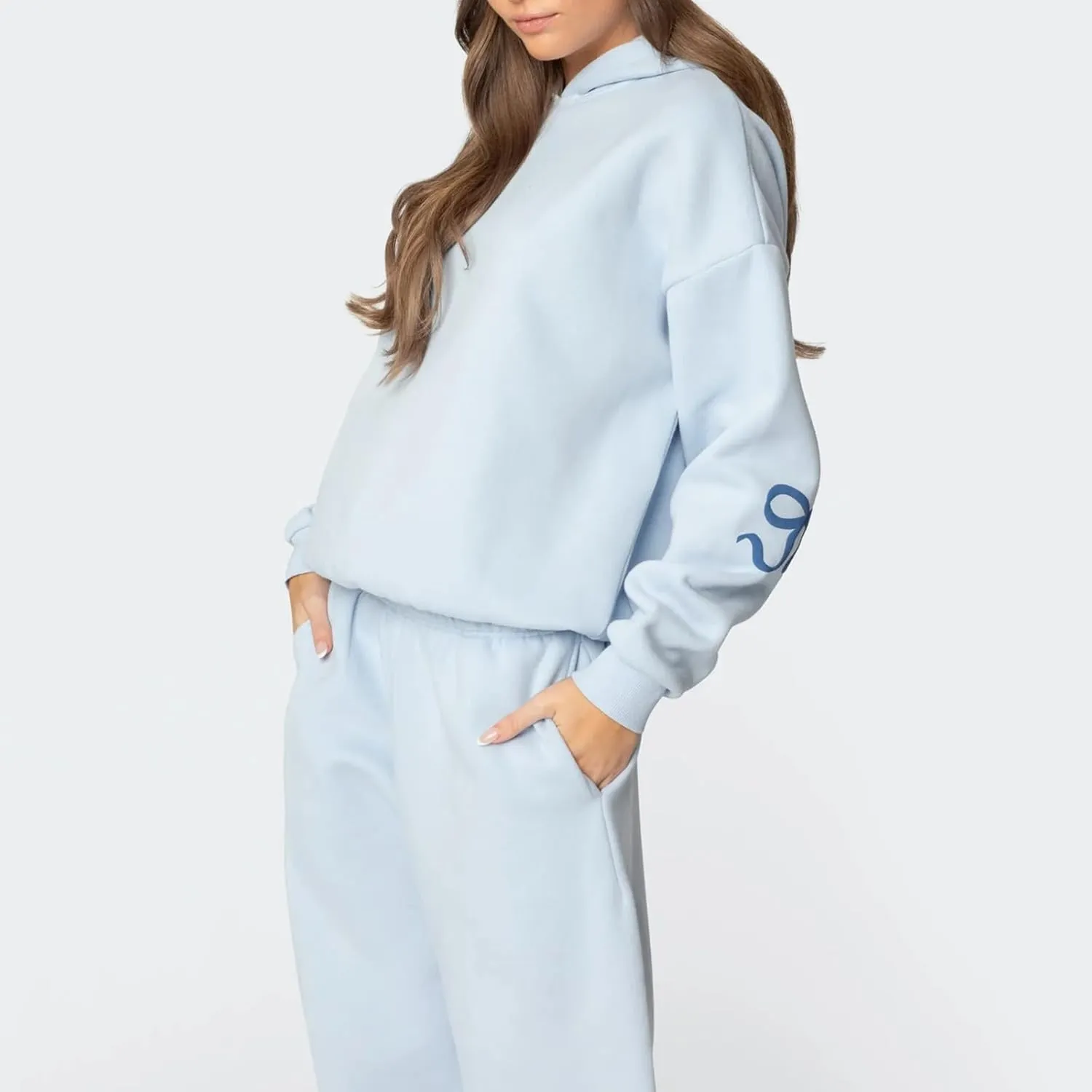 DSORVICD Women 2 Piece Outfits Y2k Bow Embroidery Long Sleeve Oversized Hoodie Baggy Sweatpants Bow Tie Sweatsuit Streetwear