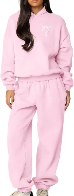 DSORVICD Women 2 Piece Outfits Y2k Bow Embroidery Long Sleeve Oversized Hoodie Baggy Sweatpants Bow Tie Sweatsuit Streetwear