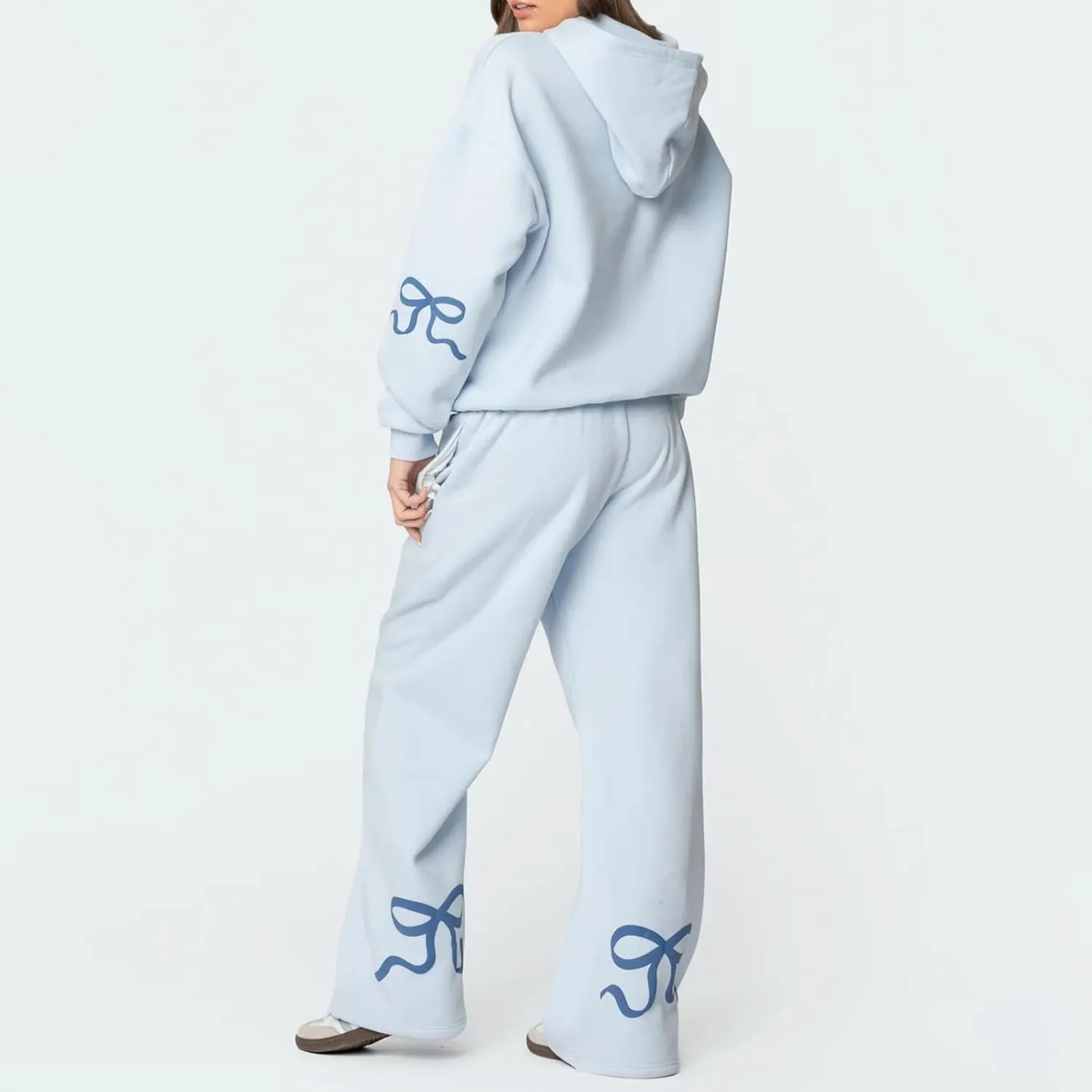 DSORVICD Women 2 Piece Outfits Y2k Bow Embroidery Long Sleeve Oversized Hoodie Baggy Sweatpants Bow Tie Sweatsuit Streetwear