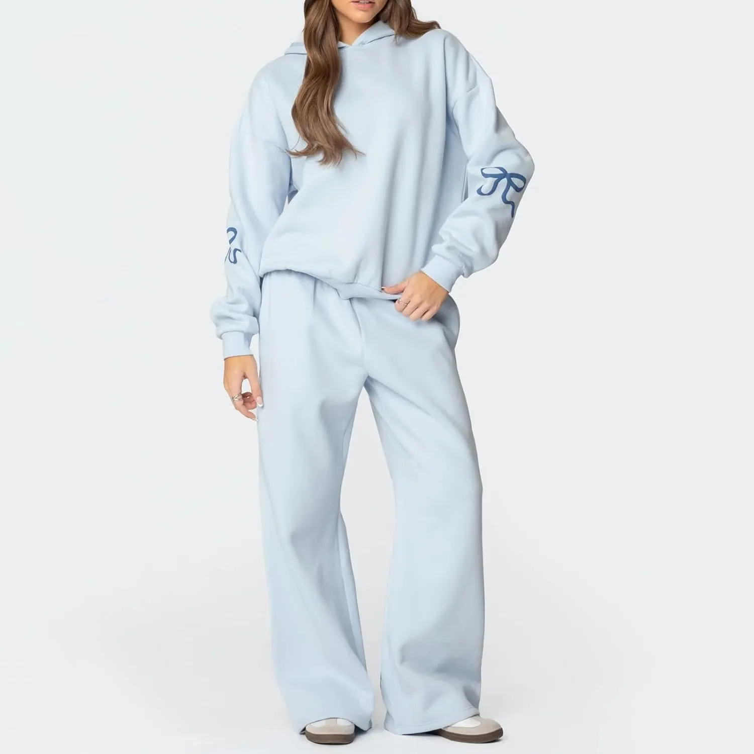 DSORVICD Women 2 Piece Outfits Y2k Bow Embroidery Long Sleeve Oversized Hoodie Baggy Sweatpants Bow Tie Sweatsuit Streetwear