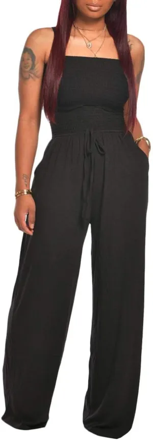 ECDAHICC Women's Strapless Tube Top Rompers Casual Off Shoulder Solid Color Belted Wide Leg Jumpsuit with Pockets