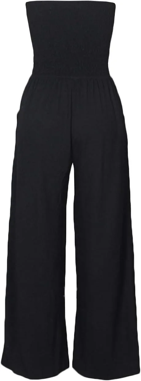 ECDAHICC Women's Strapless Tube Top Rompers Casual Off Shoulder Solid Color Belted Wide Leg Jumpsuit with Pockets
